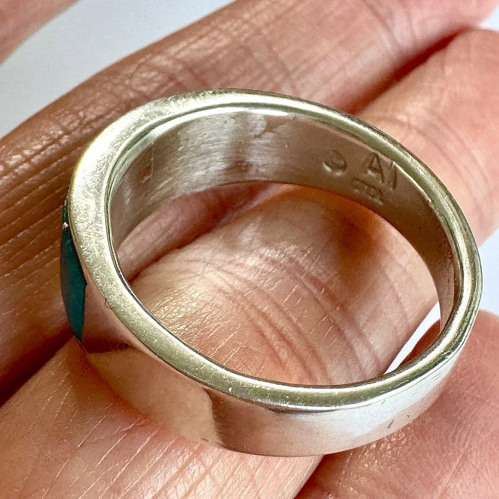 Mens Navajo Wedding Band 13 Ring Turquoise 9mm Inlay Signed Tolino Native Blue